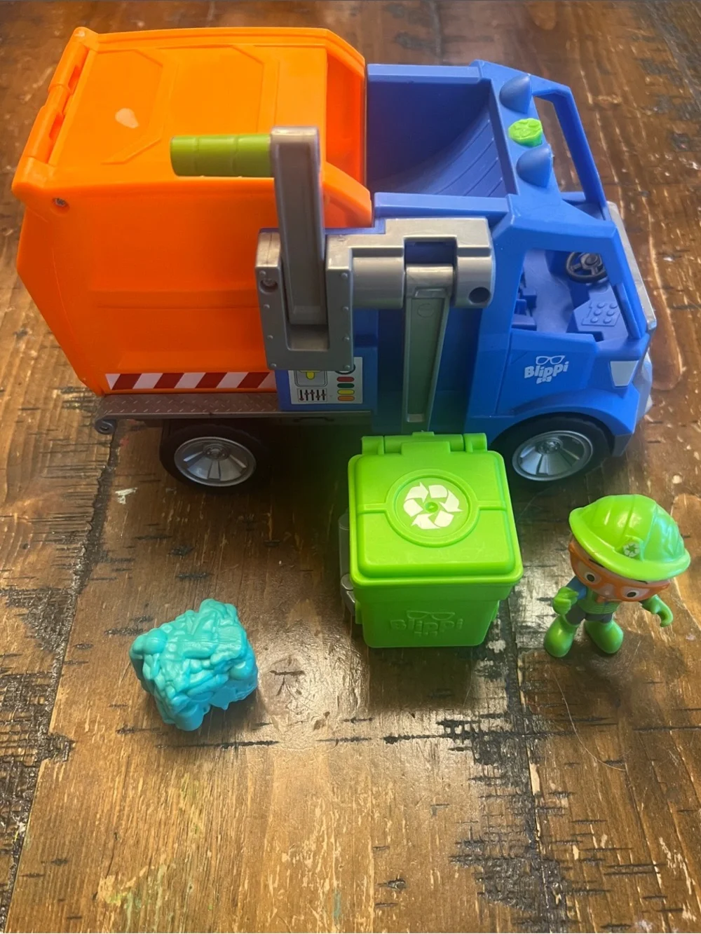 Blippi - Blue and Orange Kids Garbage Truck with Green Recycling Bin and Figure